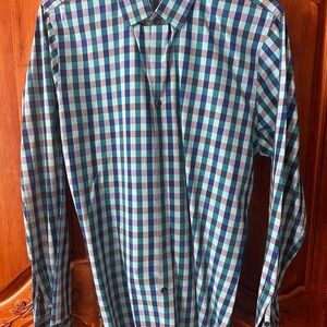 Express Men's Teal and Blue Plaid Shirt